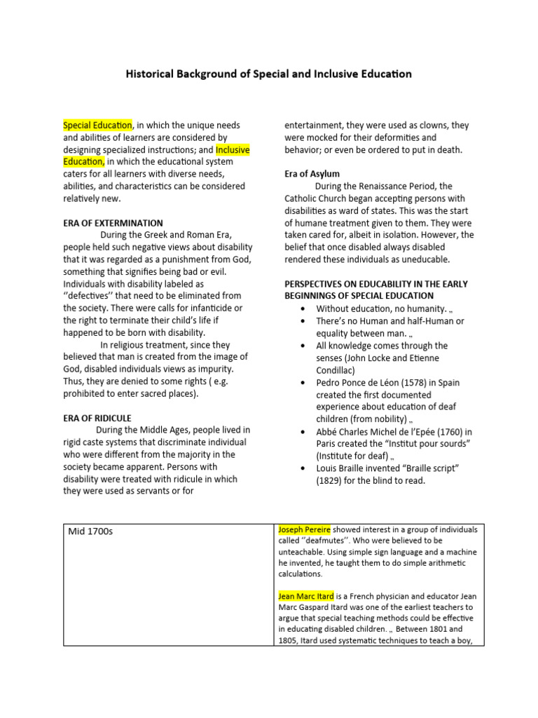 Historical Background of Special and Inclusive Education | PDF ...