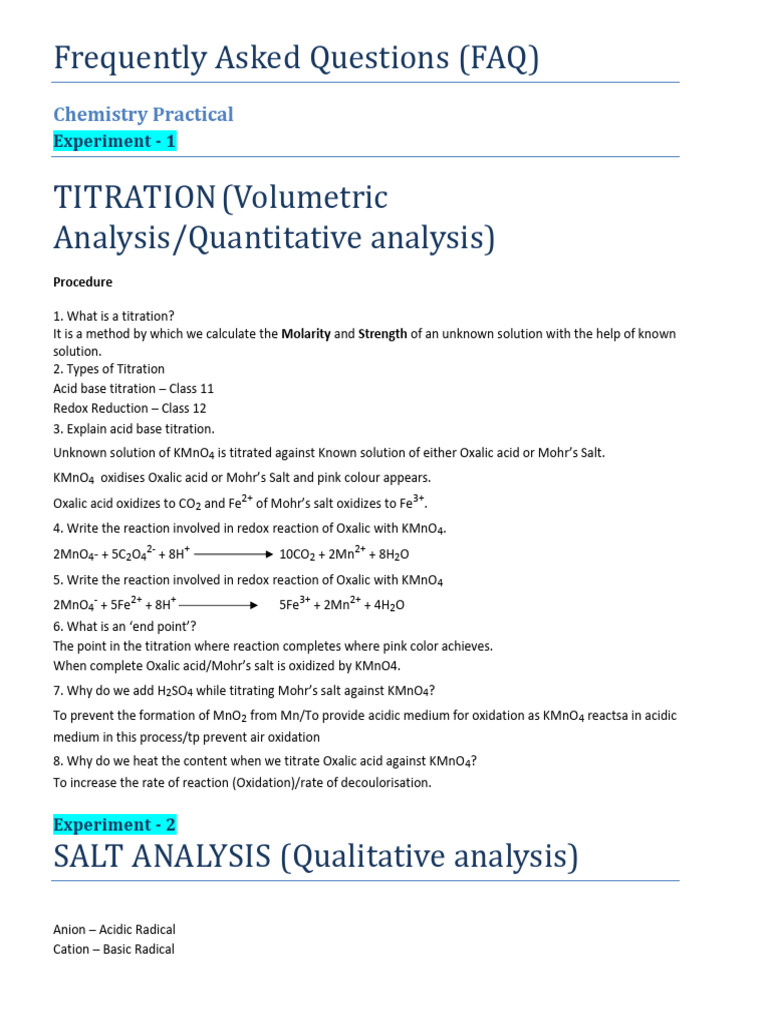 FAQ Practical Chemistry | PDF | Chemistry | Titration