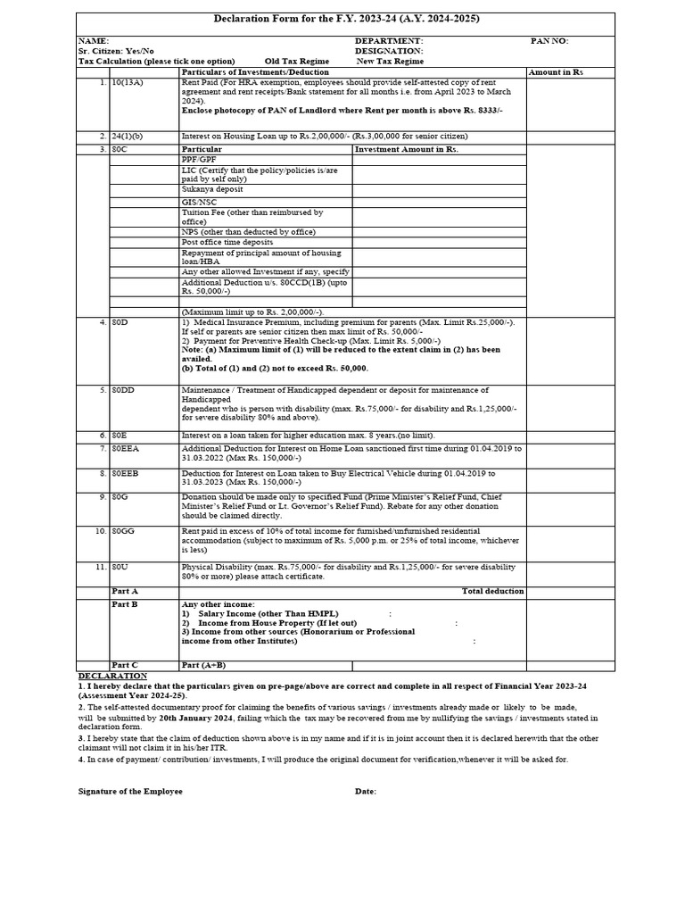 Tax Declaration Form FY 22023 24 AY2024 25 PDF Loans Interest