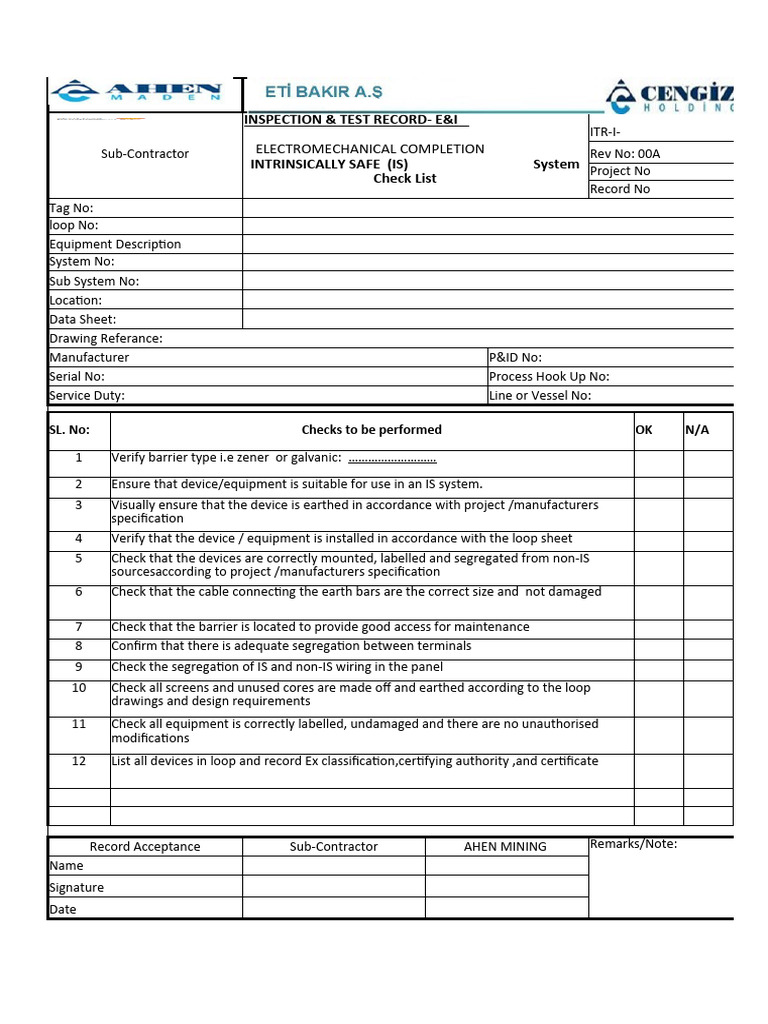 Intrinsically Safe Equipment Inspection Checklist | PDF | Manufactured ...
