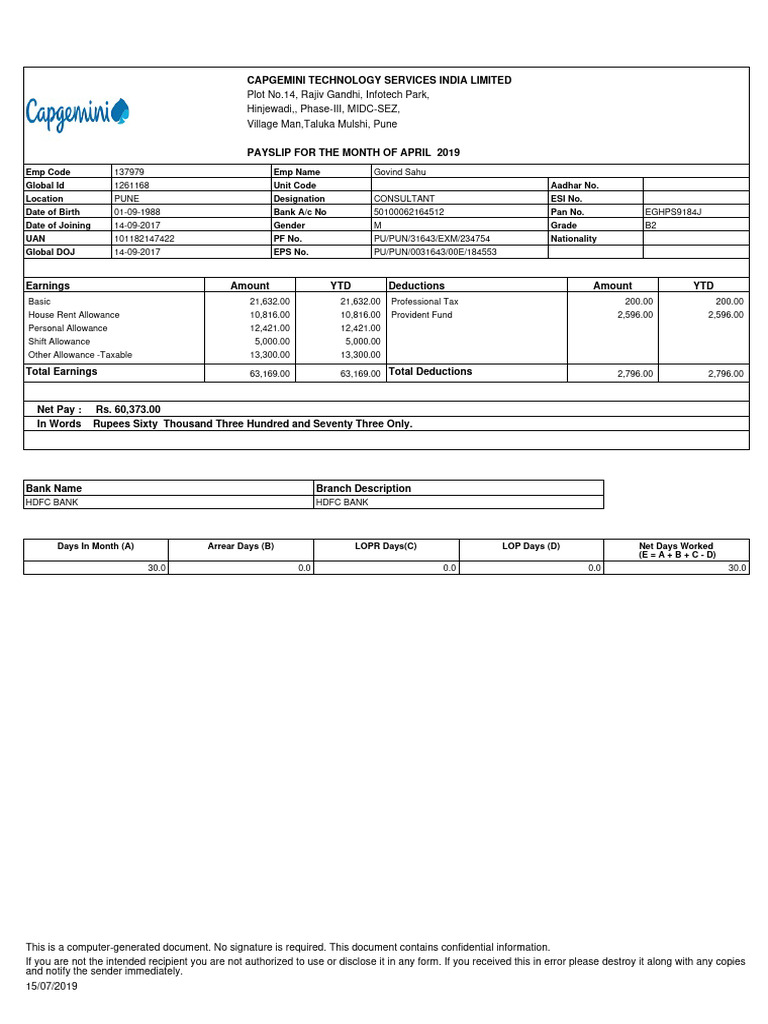 Capgemini B2 Consultant Payslip April 2019 | PDF | Finance & Money ...