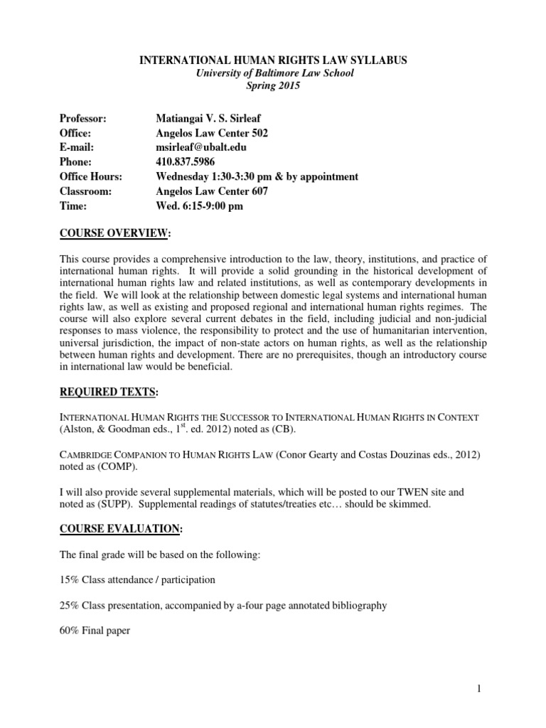 University of baltimore law school spring 2015 nternational uman ights