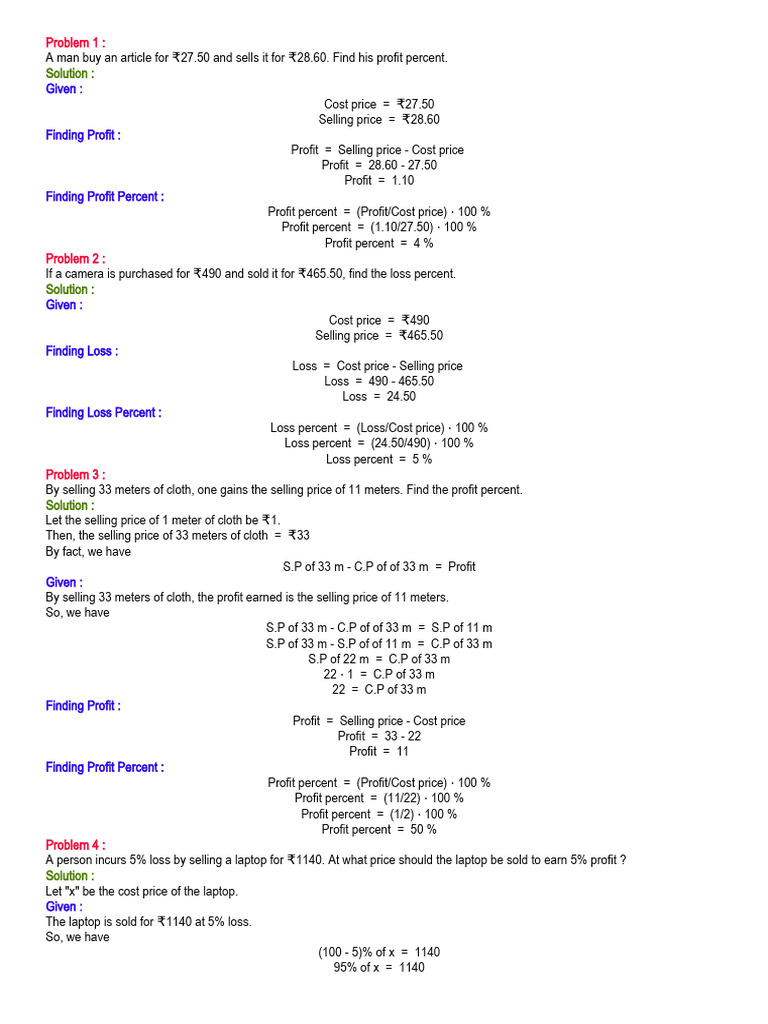 Profit and Loss Calculation Worksheet | PDF | Prices | Cost