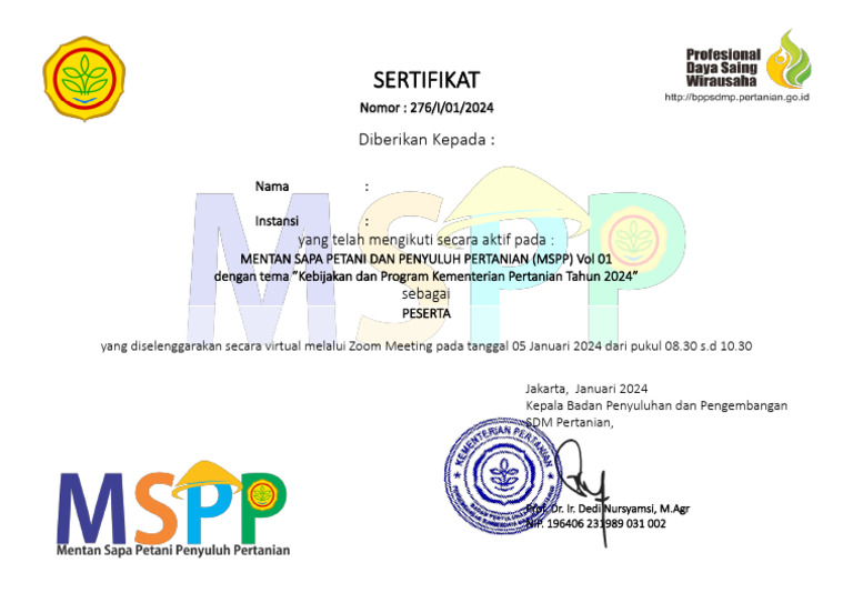 Sertifikat Peserta MSPP Vol 01 2024 | PDF