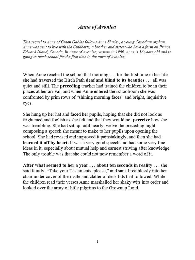 Anne of Avonlea Comprehension PDF Anne Of Avonlea