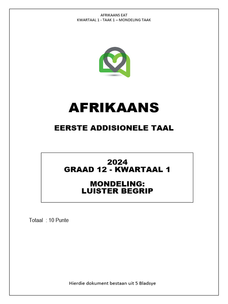 Graad 12 Afrikaans EAT T1 Mondeling Taak - VS | PDF