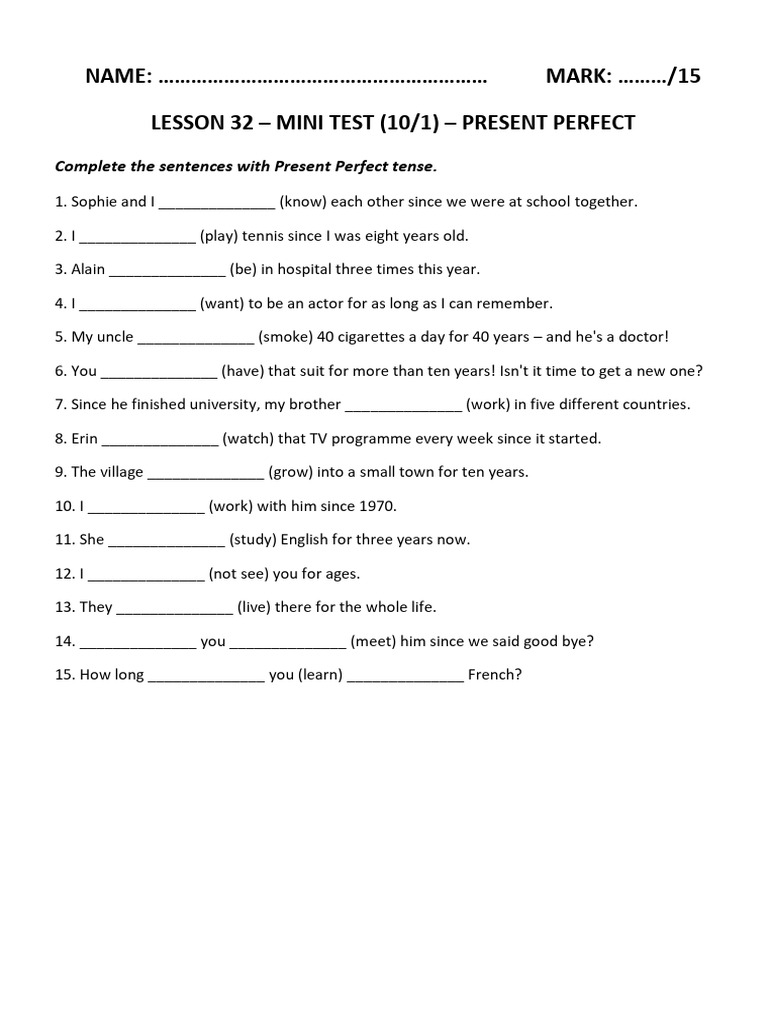 Present Perfect Mini Test Worksheet | PDF