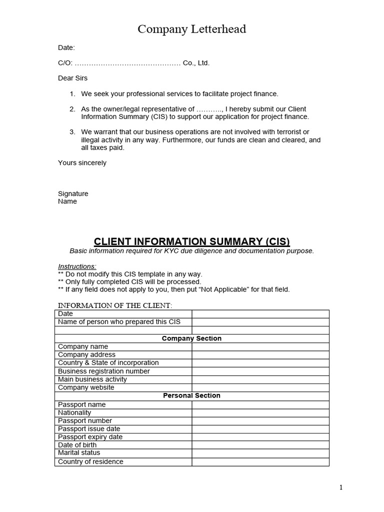 Project Finance Client Information Summary | PDF