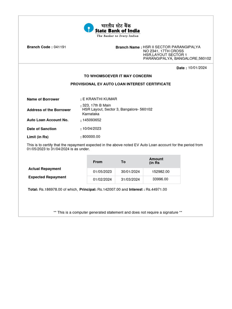 EV Auto Loan Interest Certificate | PDF