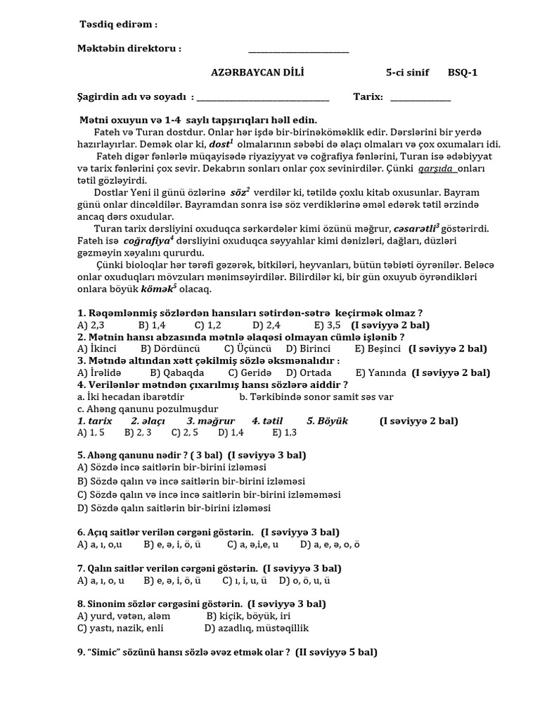 5 Ci Sinif Az Dili Bsq 1 Pdf