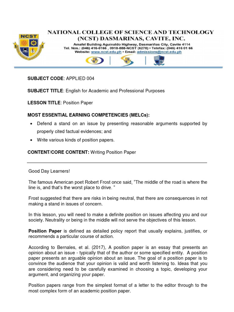 Q2. W3-4. Writing Position Paper | PDF | Evidence | Argument