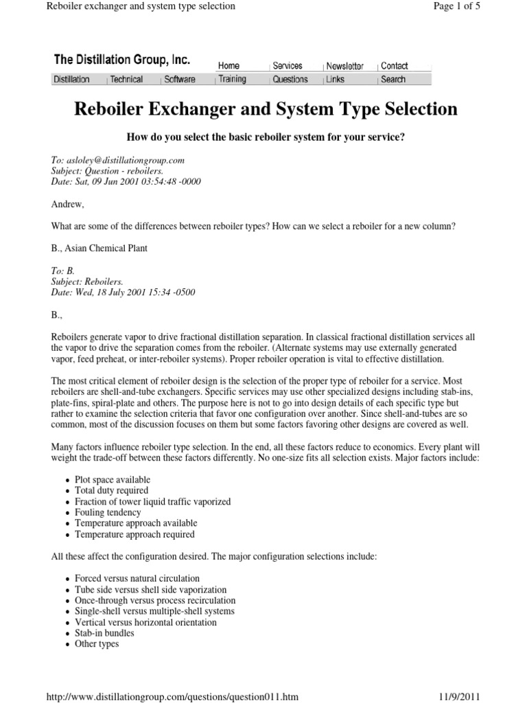 Reboiler Type Selection Guide | PDF | Distillation | Boiling