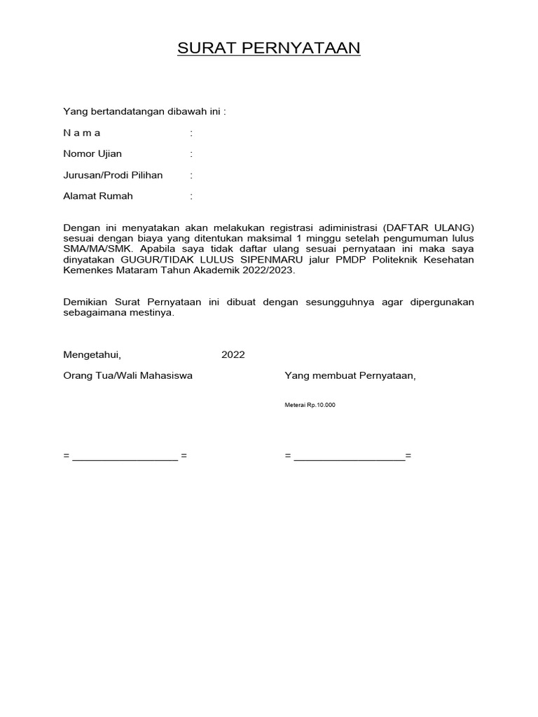 Surat Pernyataan Registrasi Pdf