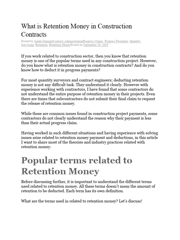 What Is Retention Money in Construction Contracts PDF
