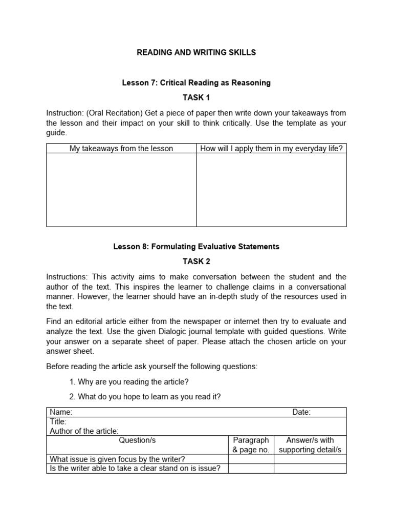 READING AND WRITING SKILLS 4th Quarter PDF Literacy Books