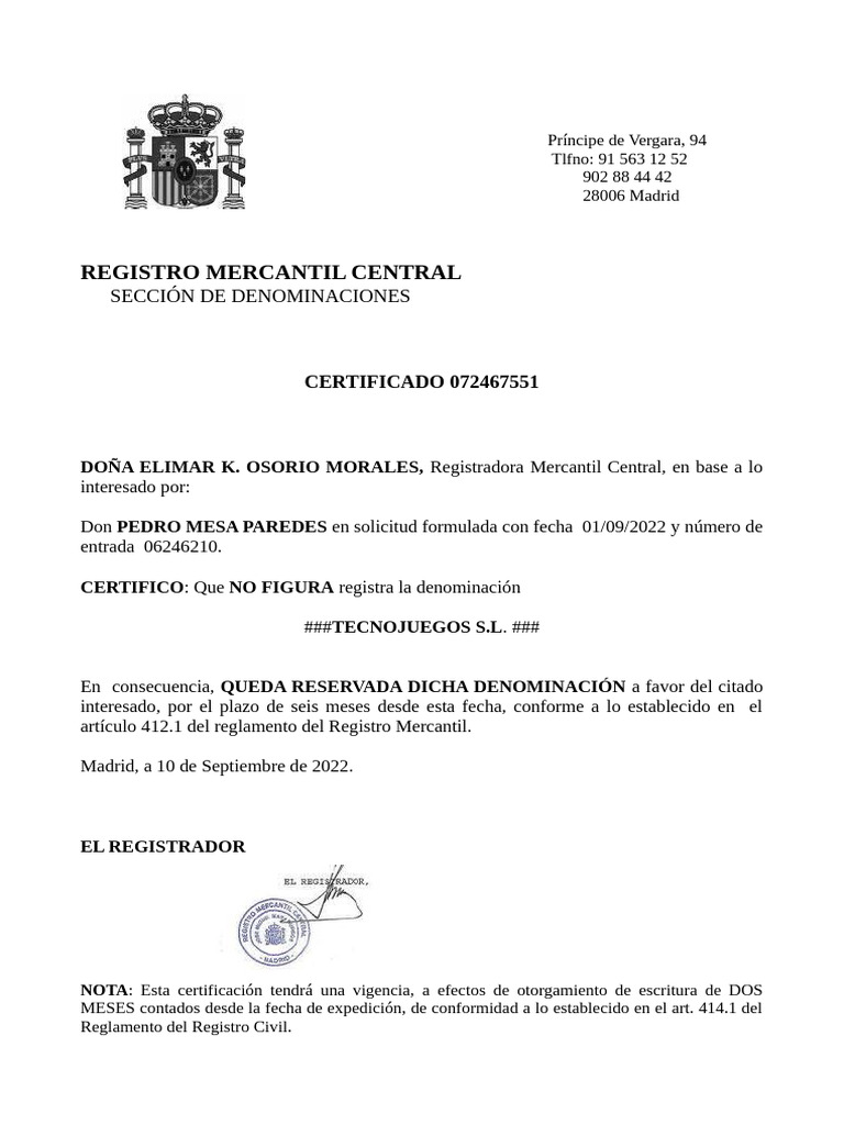 Certificado de Respuesta Del Registro Mercantil | PDF