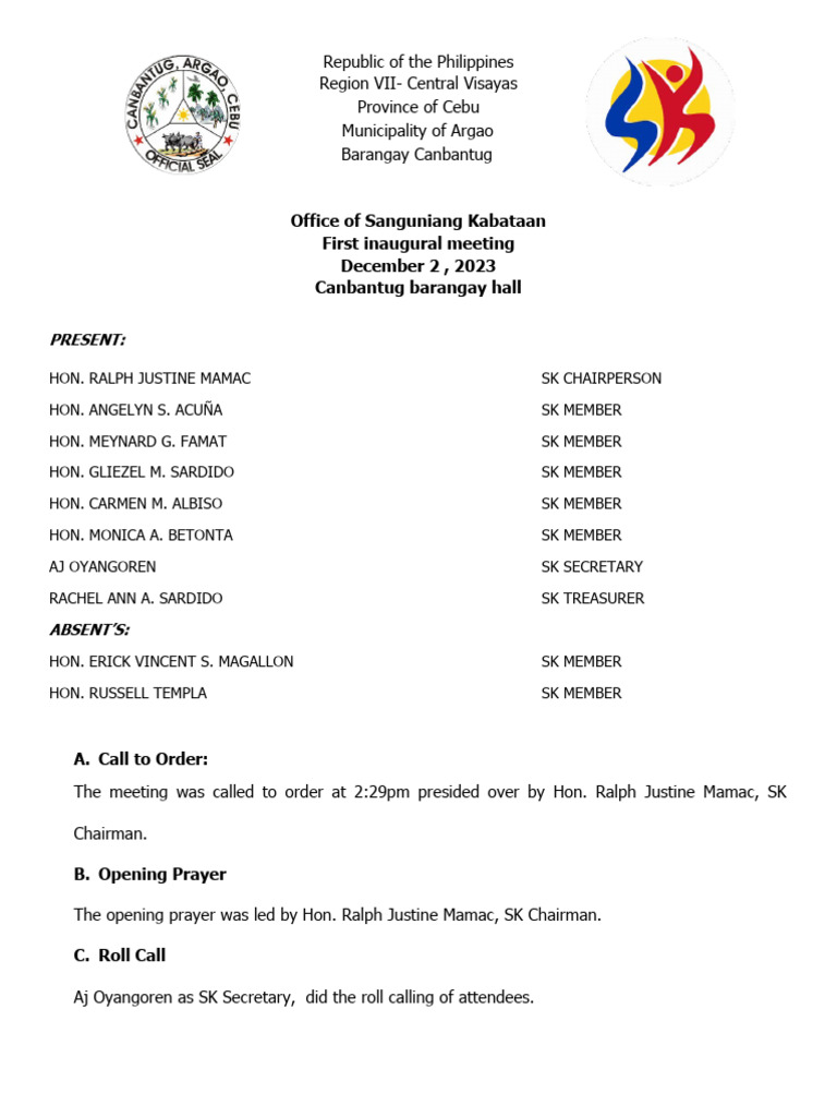 Inaugural Session Minutes Canbantug Sk Final Pdf Government
