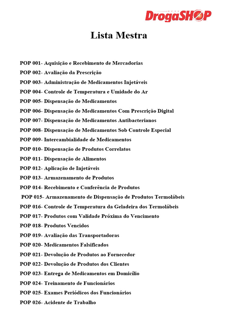 Lista Mestra de Procedimentos POP | PDF