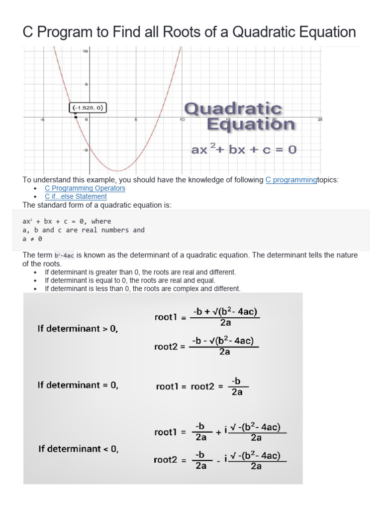 C Program To Find All Roots of A Quadratic Equation | PDF