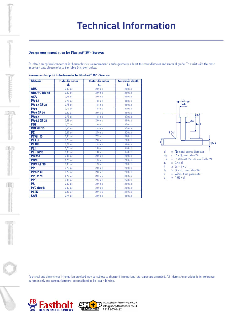Plasfast® Screw Design Guidelines | PDF | Screw | Metalworking