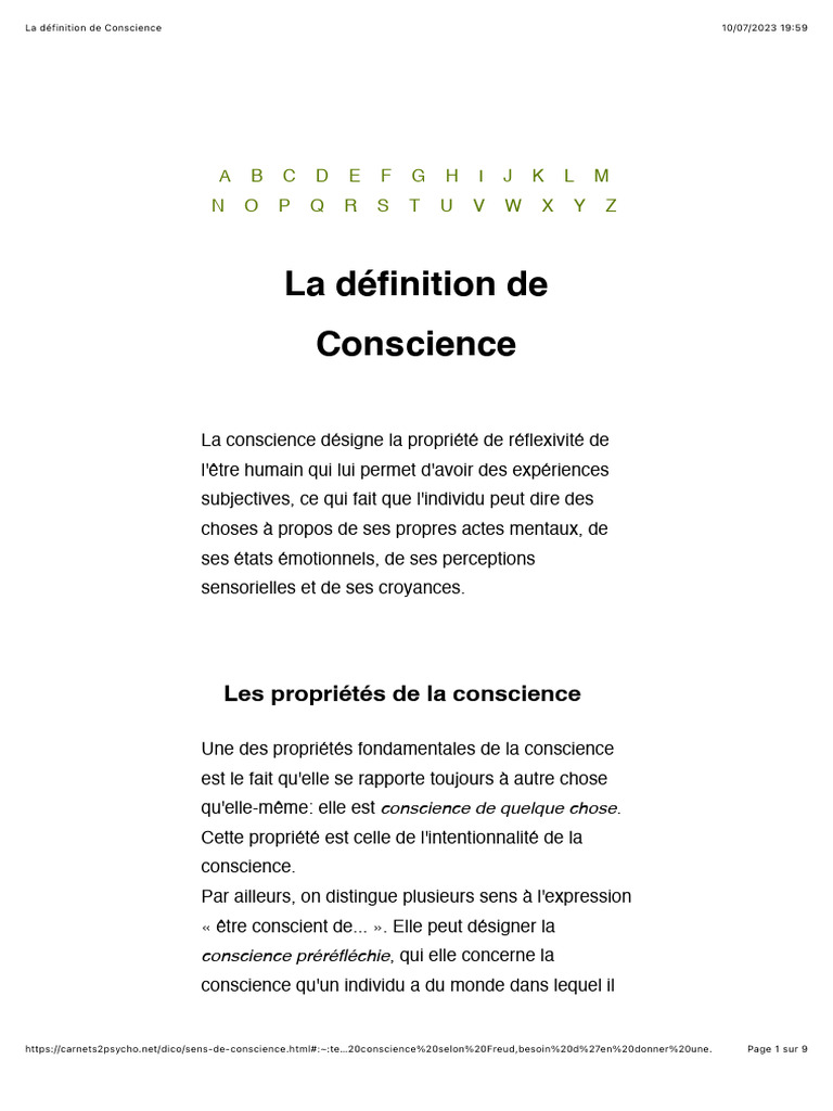 Définition et caractéristiques de la conscience | PDF | Conscience ...