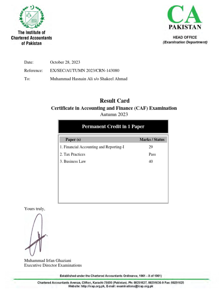 CAF Autumn 2023 Result Card | PDF