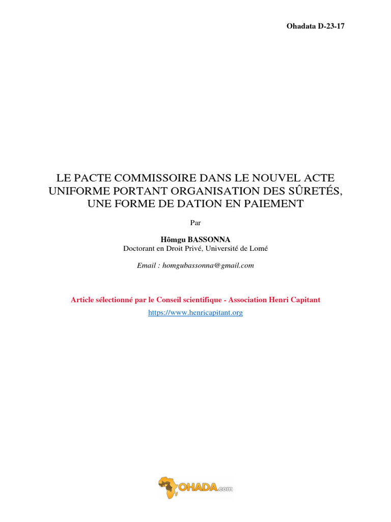Pacte Commissoire Et Dation en Paiement | PDF | Débiteur | Droit des ...