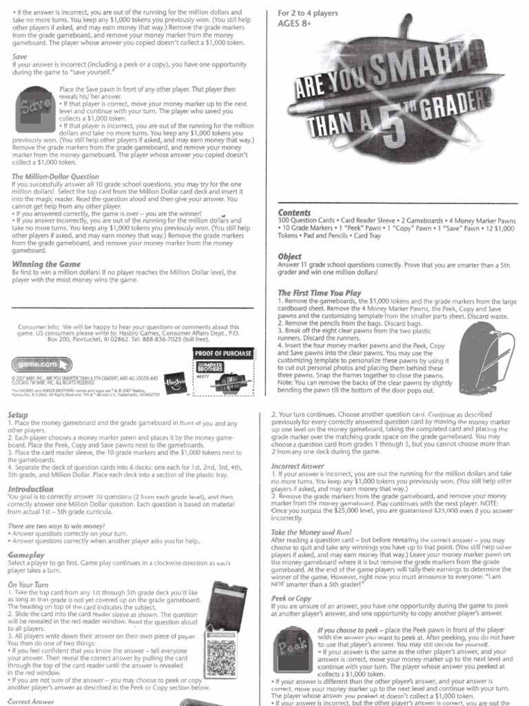 are you smarter than a 5th grader card game instructions Are You Smarter Game Instructions | PDF
