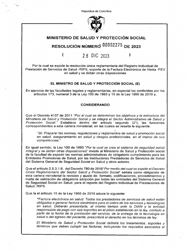 Resolución No 2275 de 2023 Cambio en La Estructura de Los RIPS | PDF ...