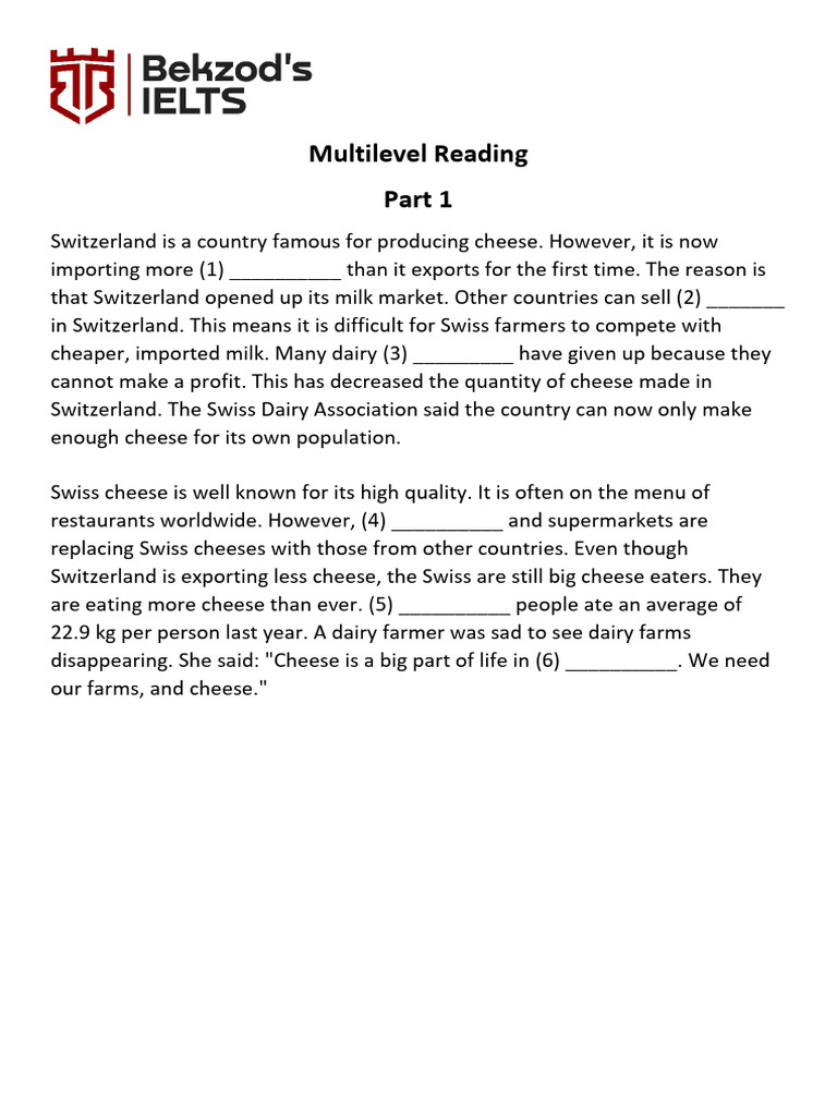 Multilevel Reading Part 1 Cheese PDF