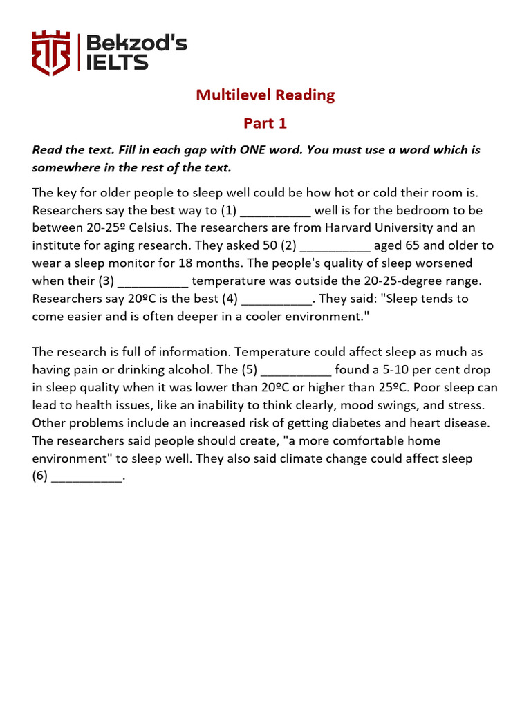 Multilevel Reading Part 1 Sleep PDF