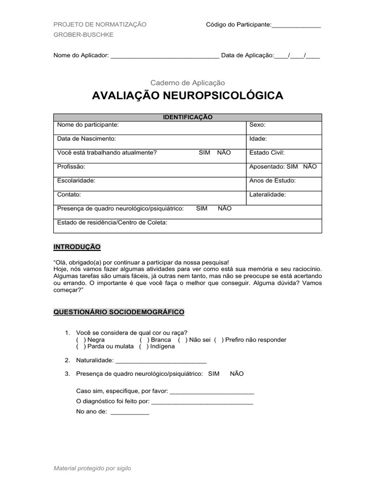 Caderno de Aplicação Avaliação Neuropsicológica - Normatização | PDF |  Pensamento | Depressão