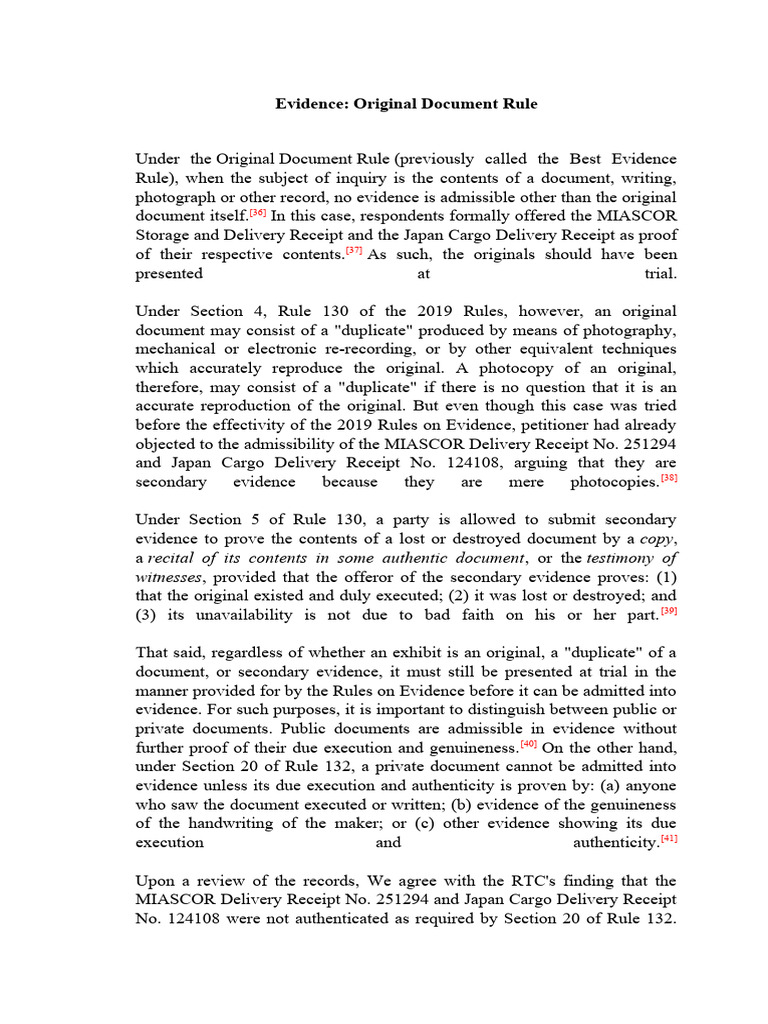 Original Document Rule in Philippine Law | PDF | Evidence (Law) | Testimony