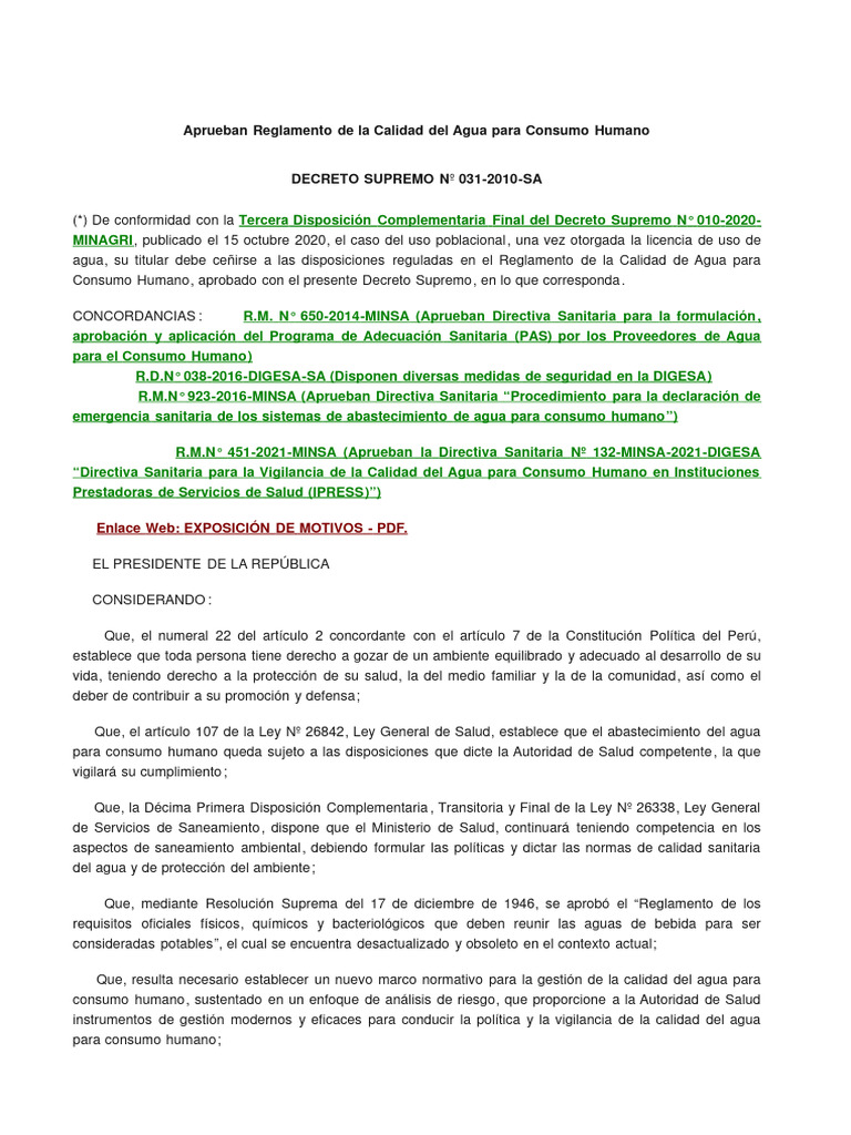 Aprueban Reglamento de La Calidad Del Agua para Consumo Humano | PDF ...