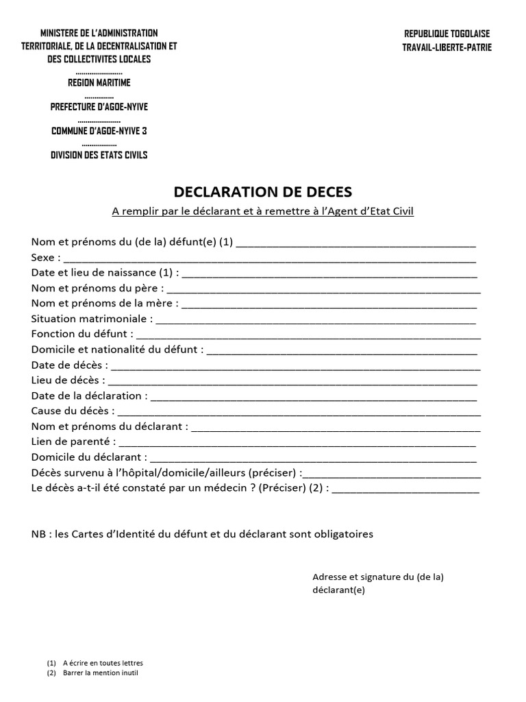 Modèle de déclaration de décès au Togo | PDF