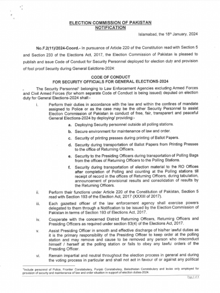 Code of Conduct for Security Officials for General Elections 2024 PDF