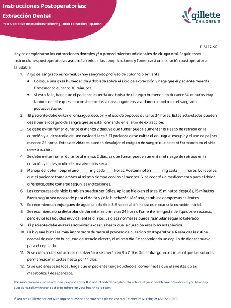 Instrucciones Postoperatorias en Español | PDF | Especialidades Medicas ...