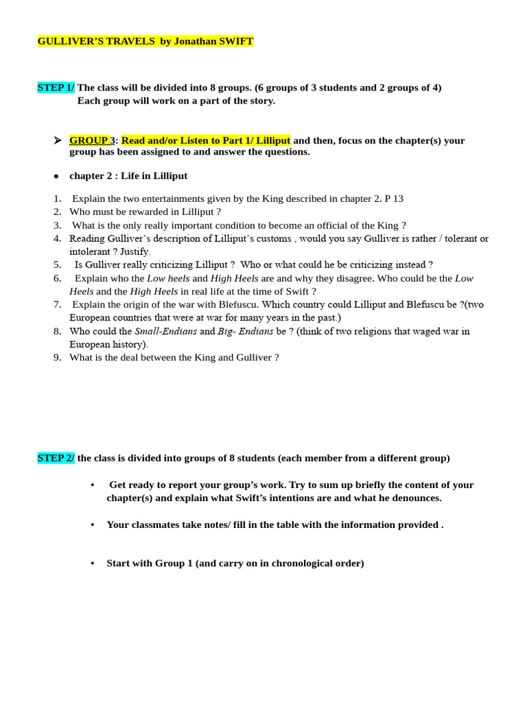 GULLIVERS TRAVELS WORKSHEET Group 3 PDF