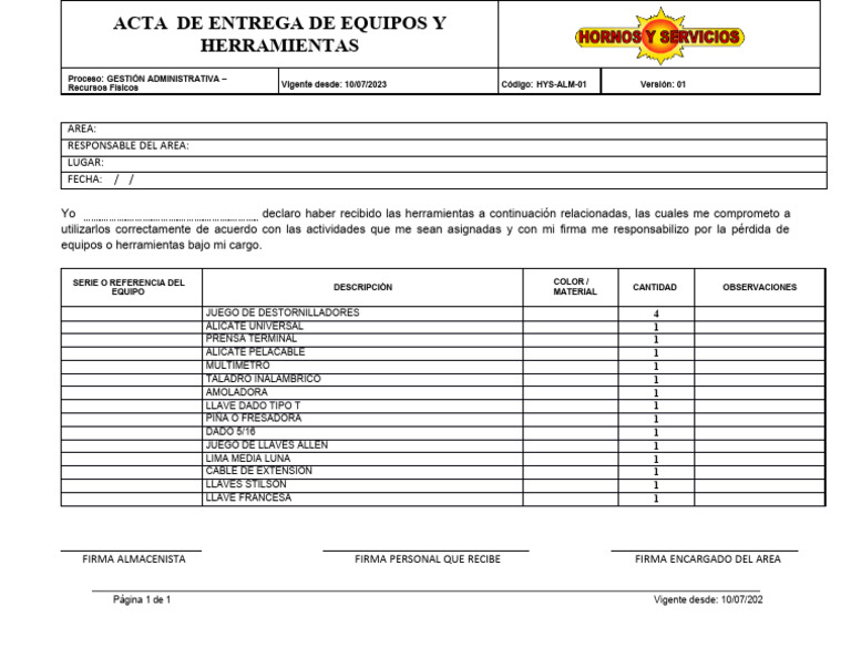 Acta de Entrega de Herramientas y Equipos | PDF | Informática