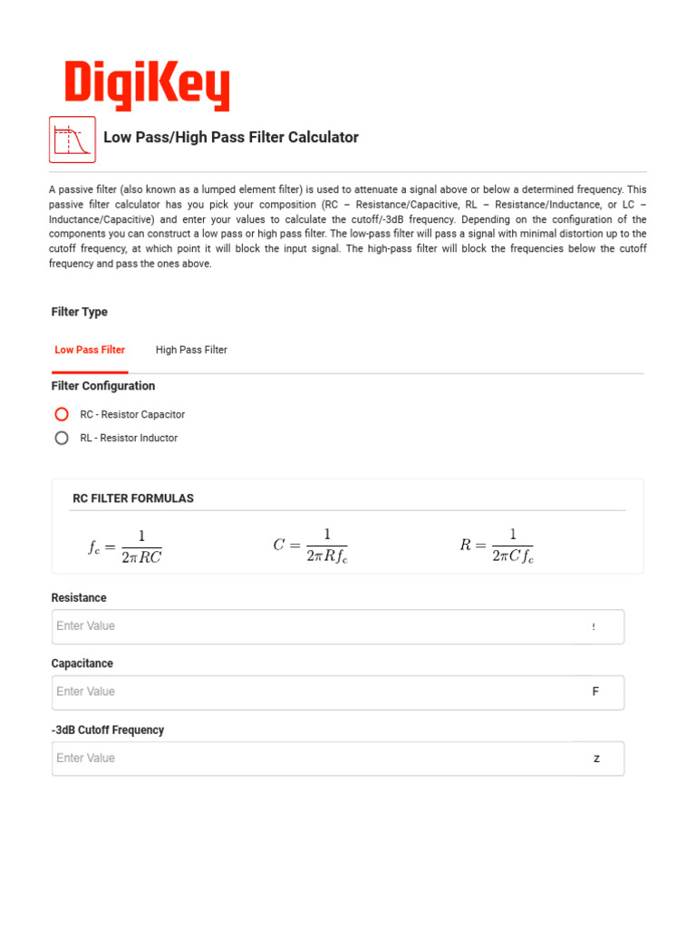RC RL LC Passive Filter Calculator DigiKey Electronics PDF 