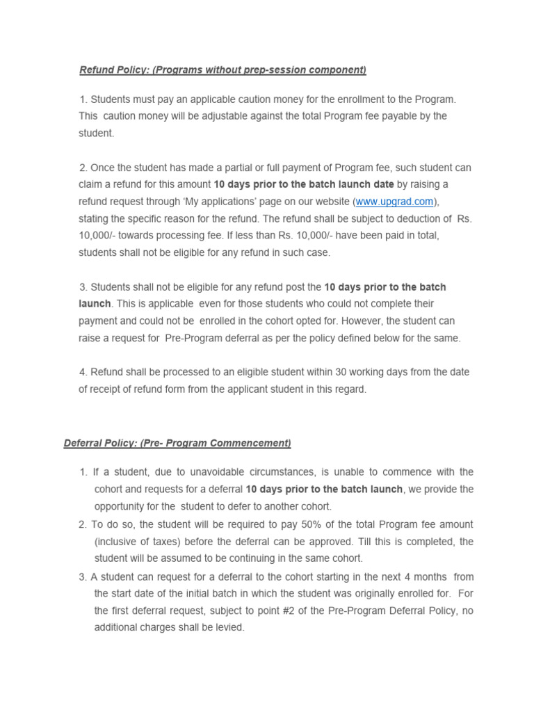 Refund & Deferral Policy Guide | PDF | Deferral | Fee