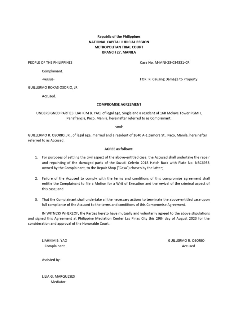 Compromise Agreement for Property Damage | PDF | Law