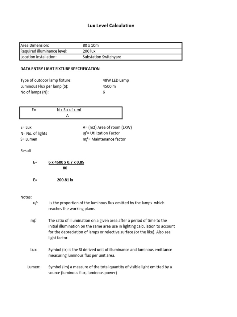 Lux Level Calculation PDF