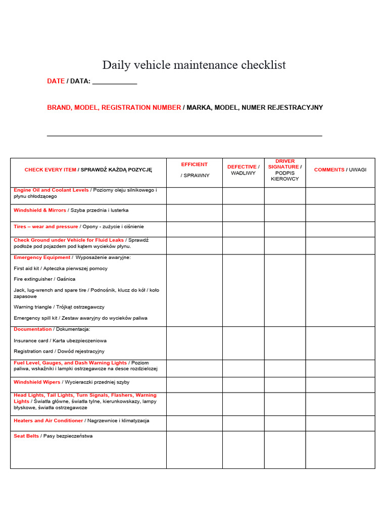 FUEL TRUCK Daily Vehicle Maintenance Checklist | PDF