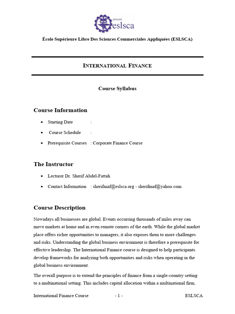 International Finance Course Syllabus | PDF