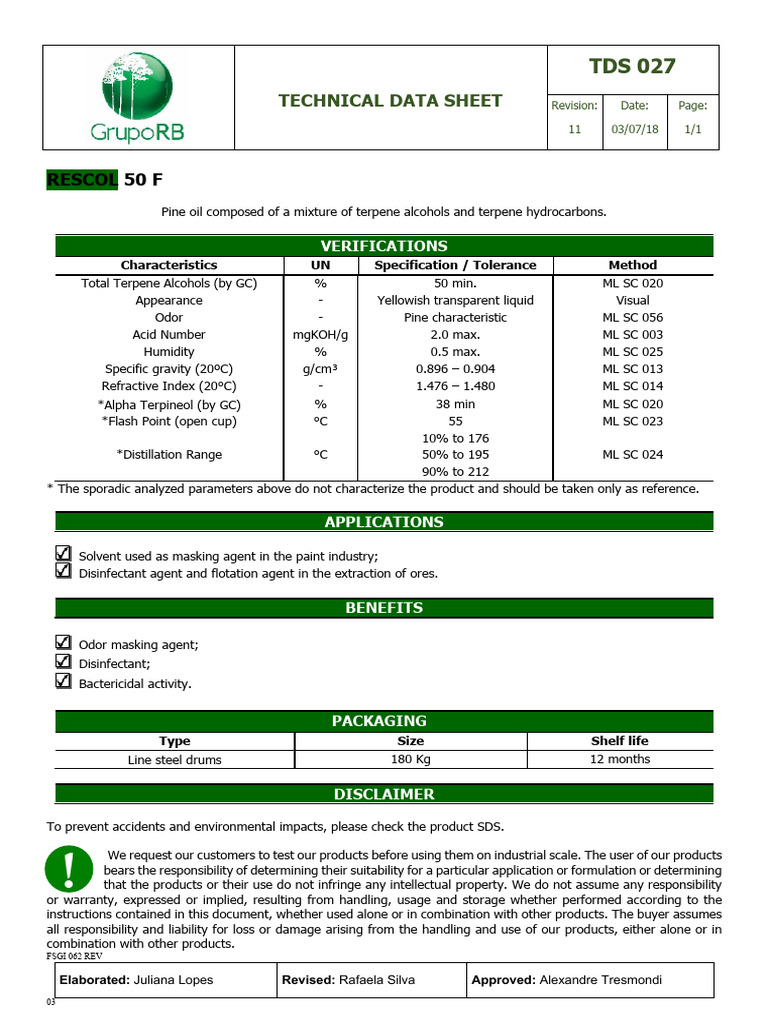 Ficha Tecnica Aceite de Pino 50 Rescol 50 F | PDF | Chemistry ...