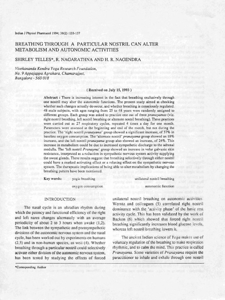 Breathing Through One Nostril | PDF | Breathing | Autonomic Nervous System