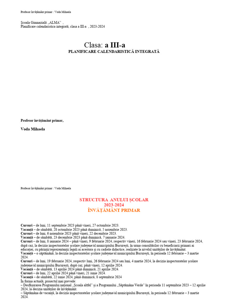 Planificare Clasa 3 2023-2024 | PDF