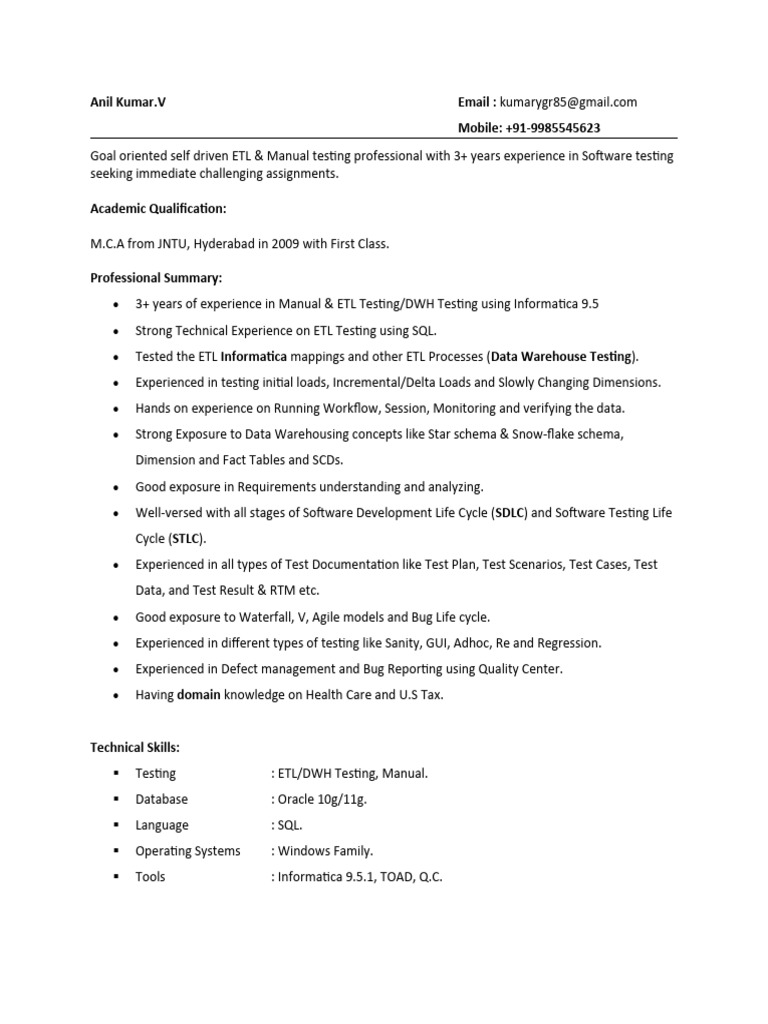 ETL Tester Resume with 3+ Years Experience | PDF | Payroll Tax ...