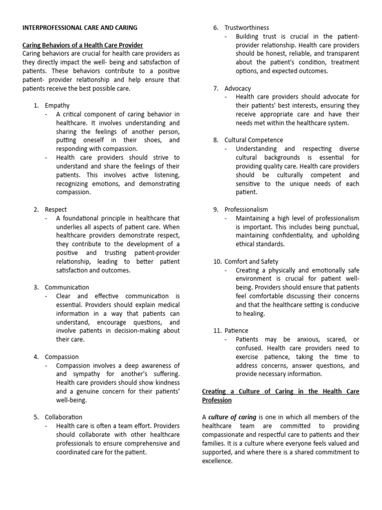 Essential Caring Behaviors in Healthcare | PDF